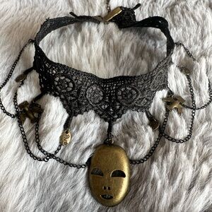 Black Lace Choker with Gold Mask Pendant